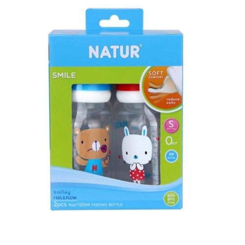 Natur ขวดนมทรงกลม คอแคบ 4oz (แพ็ค 2 ขวด) พร้อมจุกนม รุ่นสไมล์