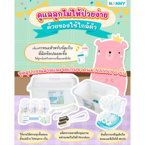 Nanny Micro+ แนนนี่ ชุดกล่องอุปกรณ์ล้างและจัดเก็บขวดนม 6 ชิ้น มี Microban ป้องกันแบคทีเรีย