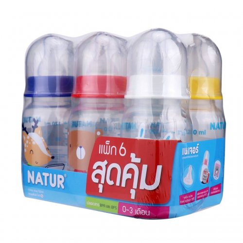 Natur แพคสุดคุ้ม ขวดนมทรงกลม ขนาด 4 ออนซ์ แพค 6 ขวด พร้อมจุก Size S
