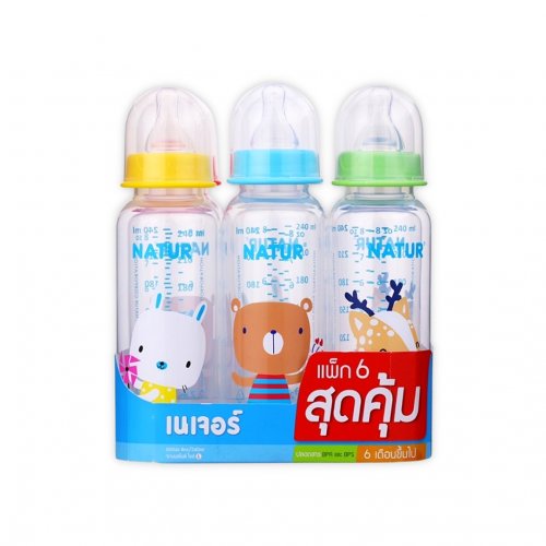 Natur แพคสุดคุ้ม ขวดนมทรงกลม ขนาด 8 ออนซ์ แพค 6 ขวด พร้อมจุก Size L