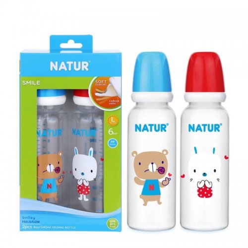 Natur ขวดนมทรงกลม คอแคบ 8oz (แพ็ค 2 ขวด) พร้อมจุกนม รุ่นสไมล์