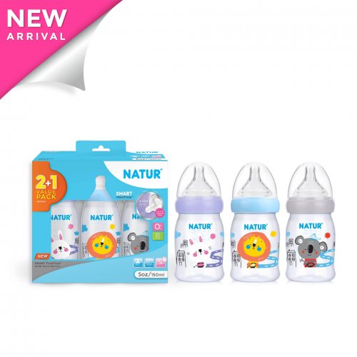 Natur ขวดนมคอกว้าง รุ่นสมาร์ทพร้อมจุกนิ่มรุ่นหลายรู(ไหลหยด) ขนาด 5 ออนซ์ แพค 2 แถม 1 รุ่นพิมพ์ลาย