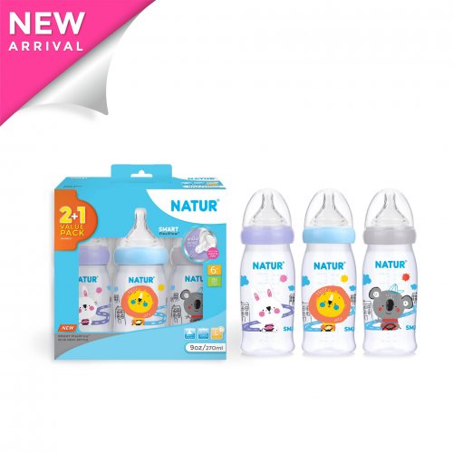 Natur ขวดนมคอกว้าง รุ่นสมาร์ทพร้อมจุกนิ่มรุ่นหลายรู(ไหลหยด) ขนาด 9 ออนซ์ แพค 2 แถม 1 รุ่นพิมพ์ลาย